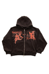 Hanorac negru Relic Black Hoodie cu fermoar și print roșu pe față, prezentat flatlay pe fundal alb, bumbac 500 GSM streetwear.