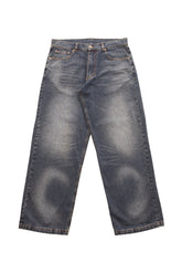 Blugi Classic Denim wide fit, mid-blue, cu stonewash, used wash și mustache fading pe partea frontală.