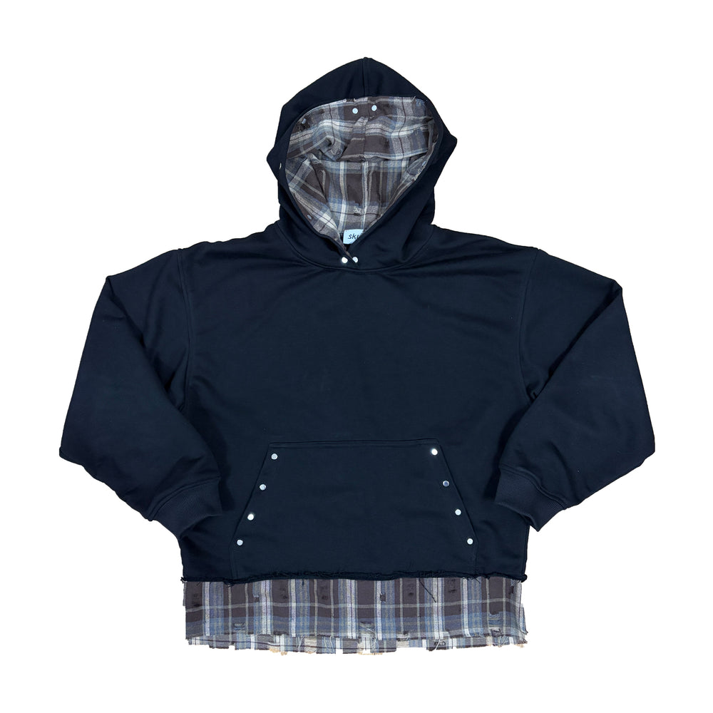 hanorac faultline hoodie negru layered cu insertie camasa vedere front flat bumbac 330gsm
