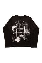 Tricou FRAGMENT BLACK LONG TEE, tricou negru oversized 300 GSM cu print alb texturat pe față – vedere frontală.