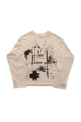 Tricou FRAGMENT WHITE LONG TEE, tricou oversized crem/alb 300 GSM cu print negru texturat pe față – vedere frontală.