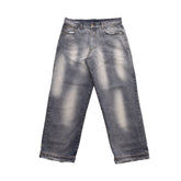 blugi albastri wide fit denim 13 oz fata produs efect stonebleach si decolorare