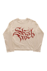 RED GLYPH WHITE LONG TEE crem, tricou oversized 300 GSM din bumbac premium, cu print roșu Glyph distressed pe față – vedere flat lay.