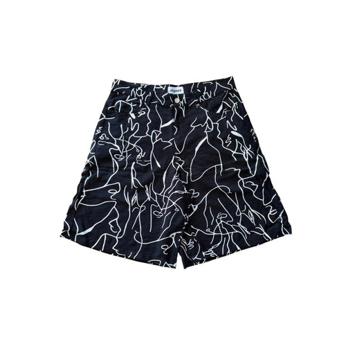 Black shorts with white abstract patterns on a white background