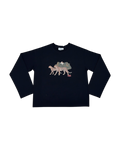 A navy blue long-sleeve crewneck sweatshirt featuring a graphic print of a walking dog layered with a landscape of mountains and trees in muted earth tones.