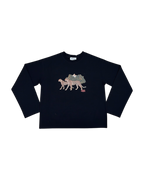 A navy blue long-sleeve crewneck sweatshirt featuring a graphic print of a walking dog layered with a landscape of mountains and trees in muted earth tones.