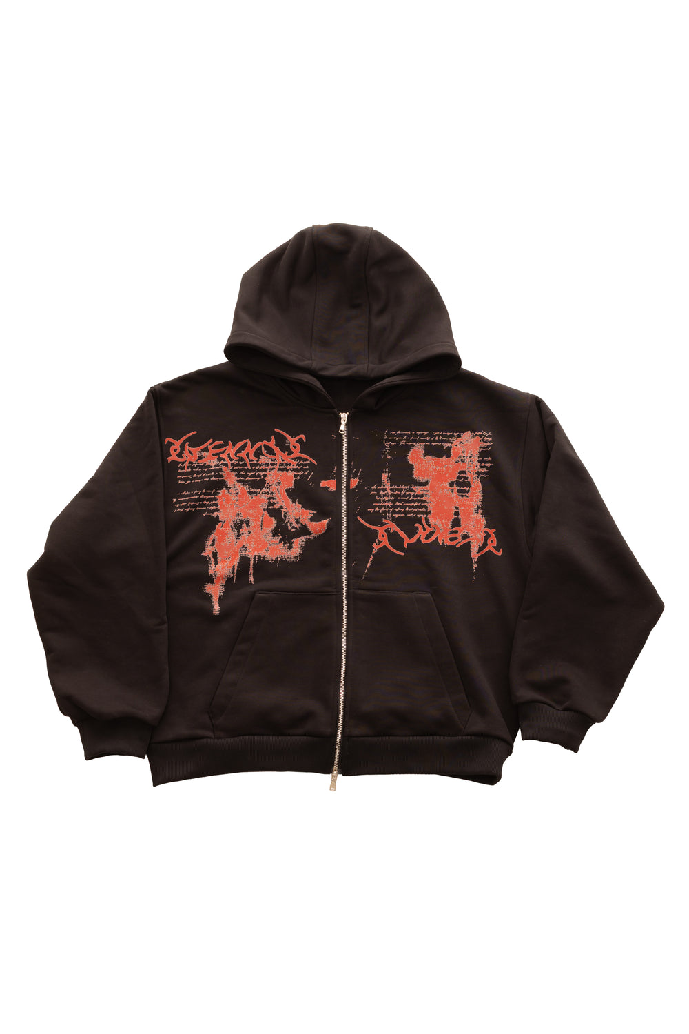 Hanorac negru Relic Black Hoodie cu fermoar și print roșu pe față, prezentat flatlay pe fundal alb, bumbac 500 GSM streetwear.