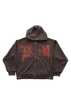 Relic Grey Zip-Up Hoodie — hanorac gri cu fermoar, print roșu pe față, vedere flatlay