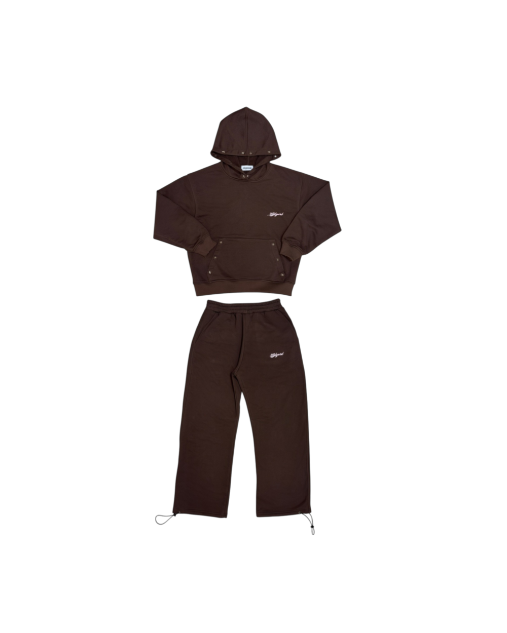 A dark brown two-piece tracksuit set consisting of a cropped hooded sweatshirt and matching drawstring pants, laid flat on a solid white background.