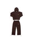 A dark brown two-piece tracksuit set consisting of a cropped hooded sweatshirt and matching drawstring pants, laid flat on a solid white background.