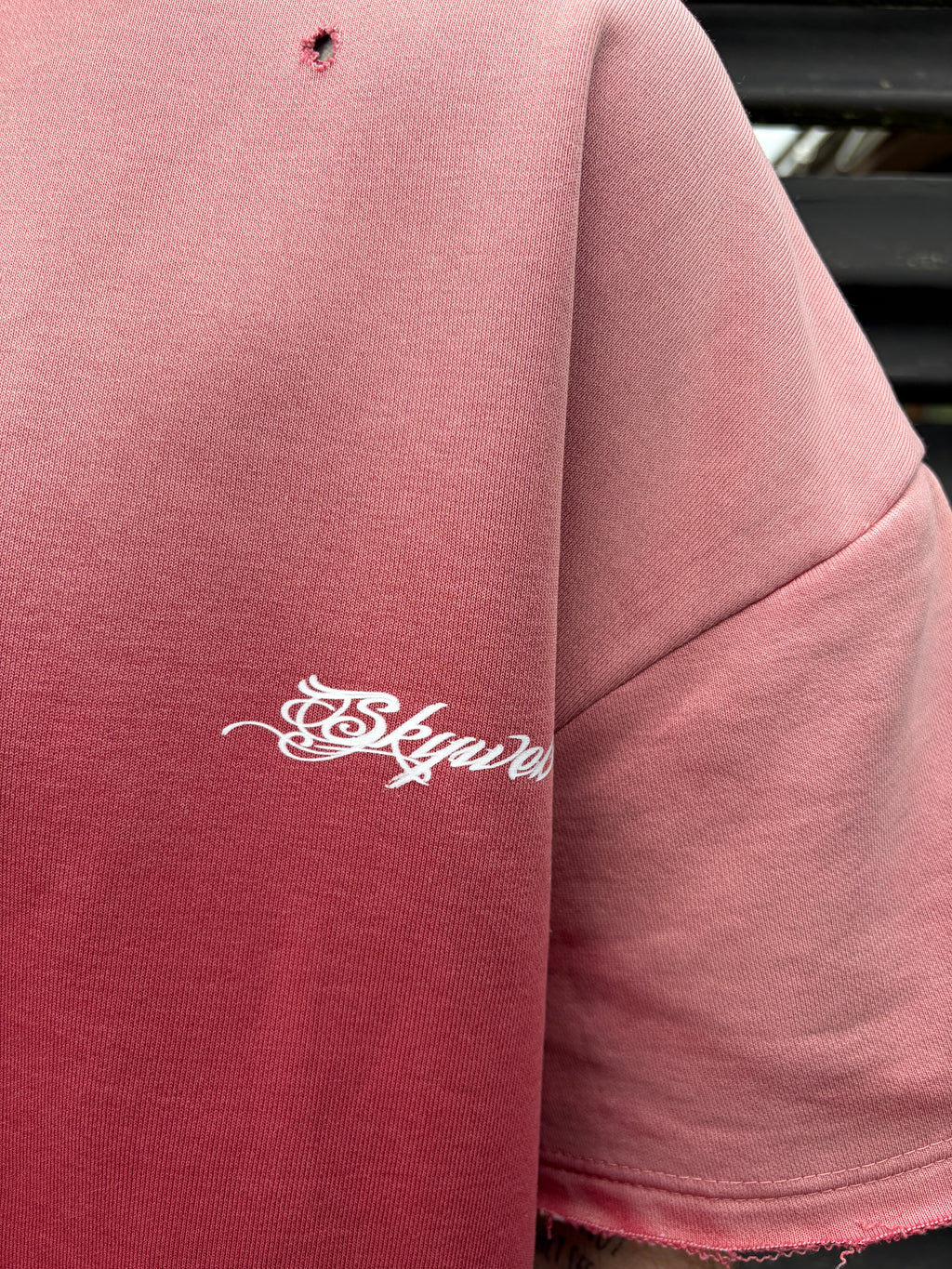 Pink sweatshirt with 'Skyway' logo on sleeve
