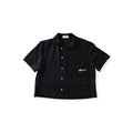 Black short-sleeve shirt with a brand logo on a white background