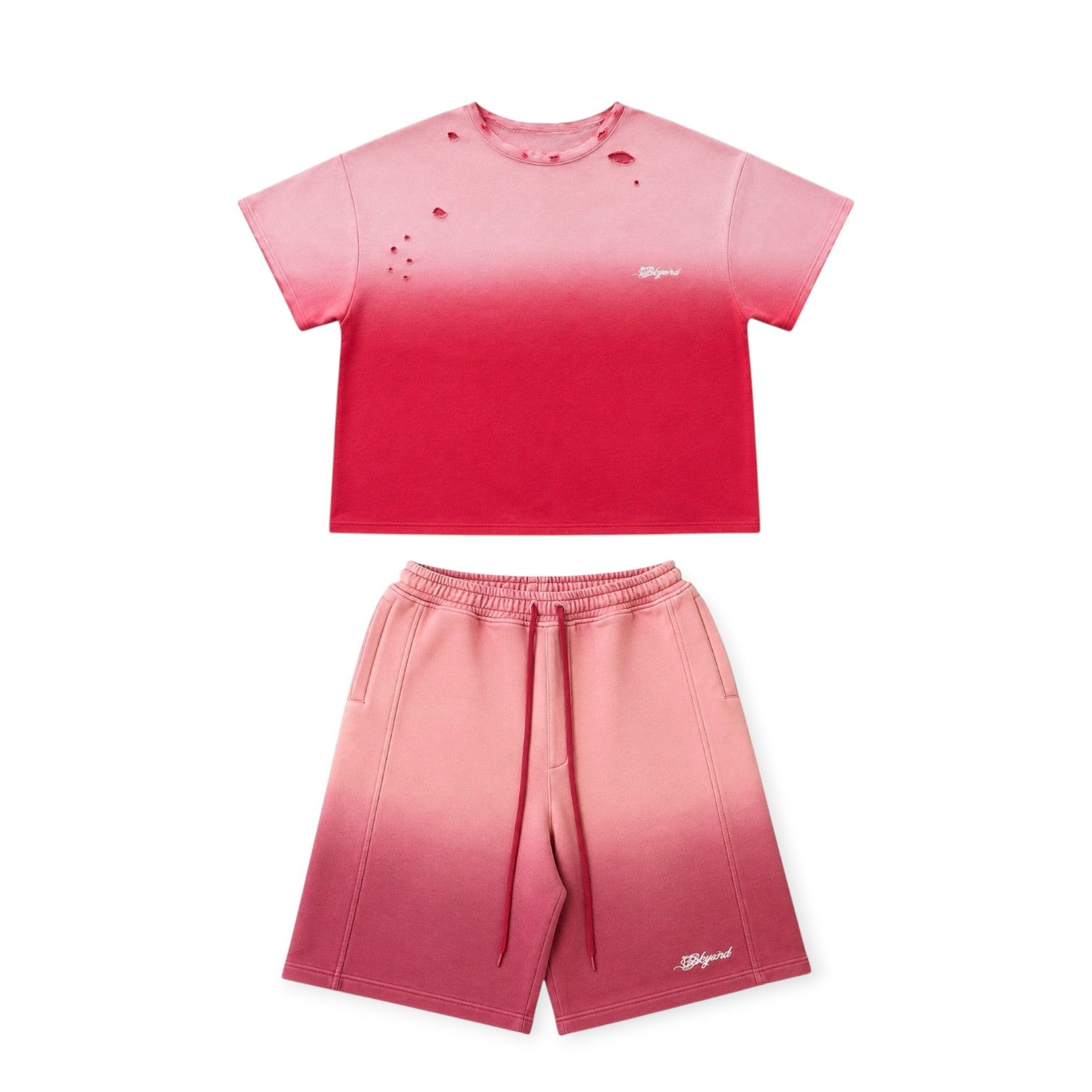 Pink gradient t-shirt and shorts set on a white background