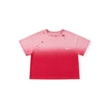 Pink t-shirt with a brand logo on a white background