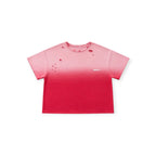 Pink t-shirt with a brand logo on a white background