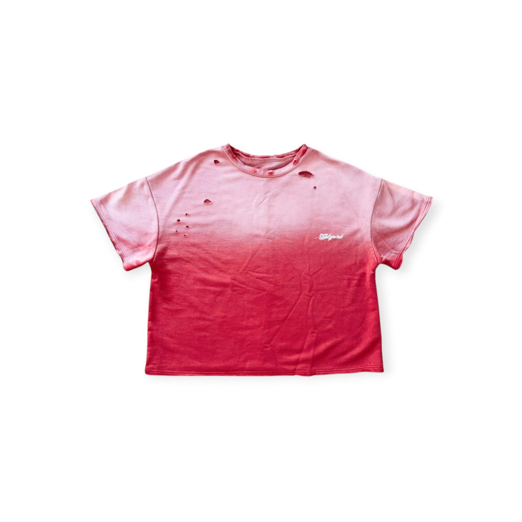 Pink crop top with a brand logo on a white background