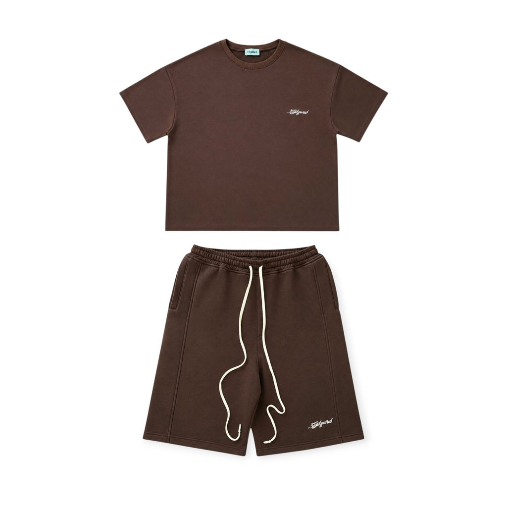 Brown t-shirt and shorts set on a white background