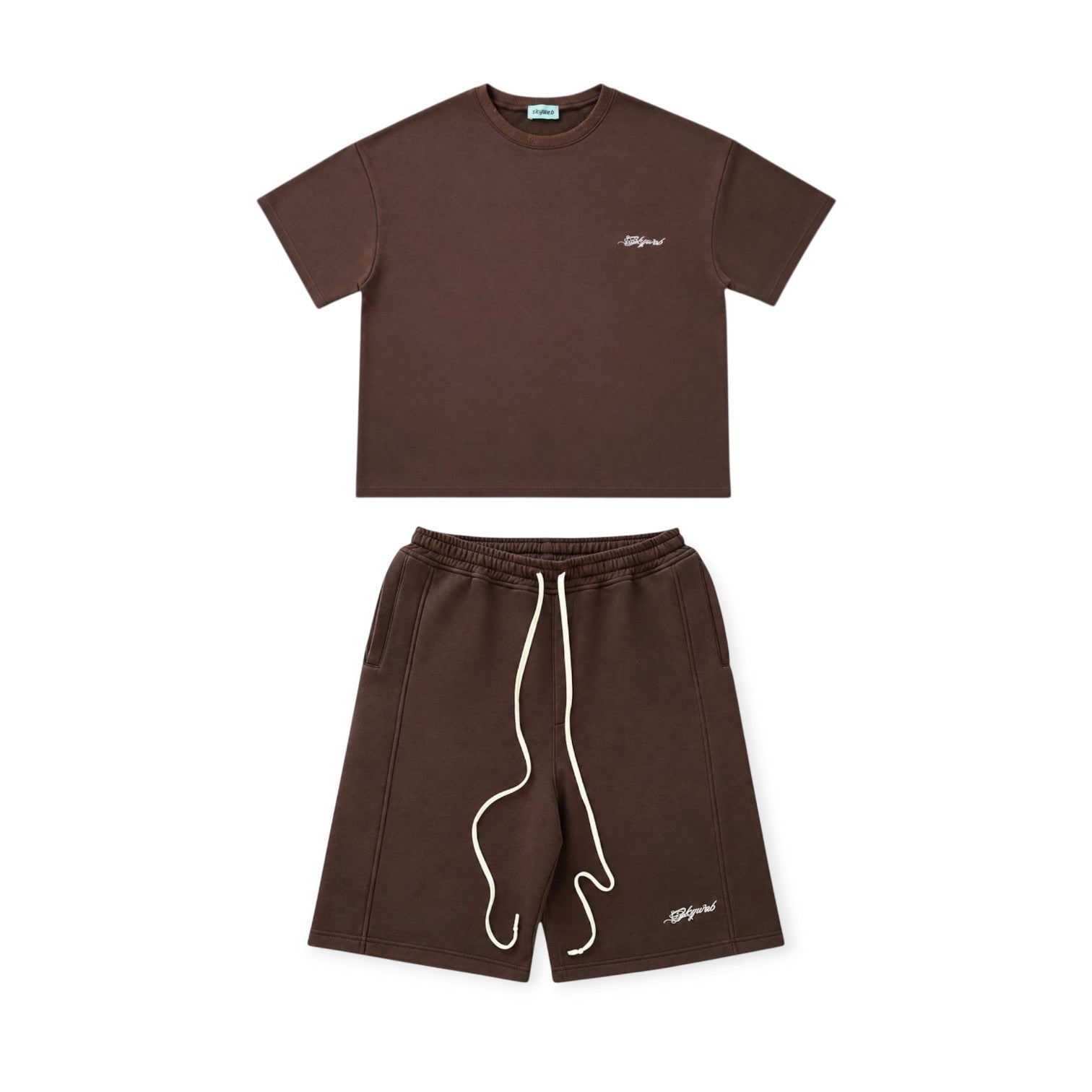 Brown t-shirt and shorts set on a white background