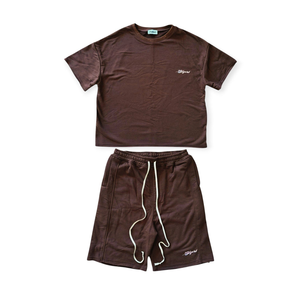 Brown t-shirt and shorts set on a white background