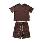 Brown t-shirt and shorts set on a white background