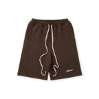 Brown shorts with white drawstring and branding on a white background