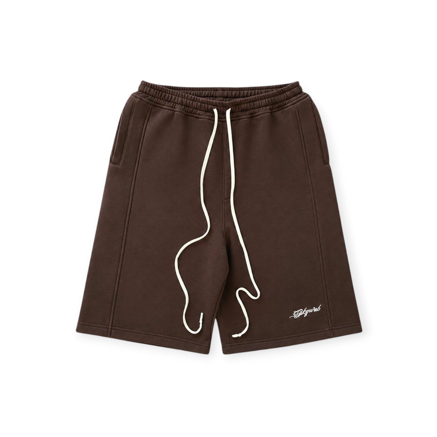 Brown shorts with white drawstring and branding on a white background