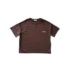 Brown t-shirt with a small logo on a white background