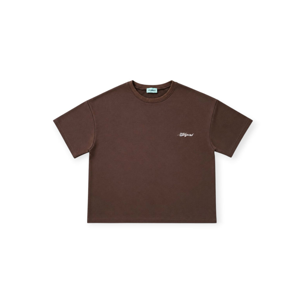 Brown t-shirt with a small logo on a white background
