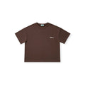 Brown t-shirt with a small logo on a white background
