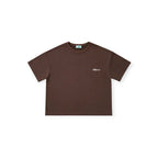 Brown t-shirt with a small logo on a white background