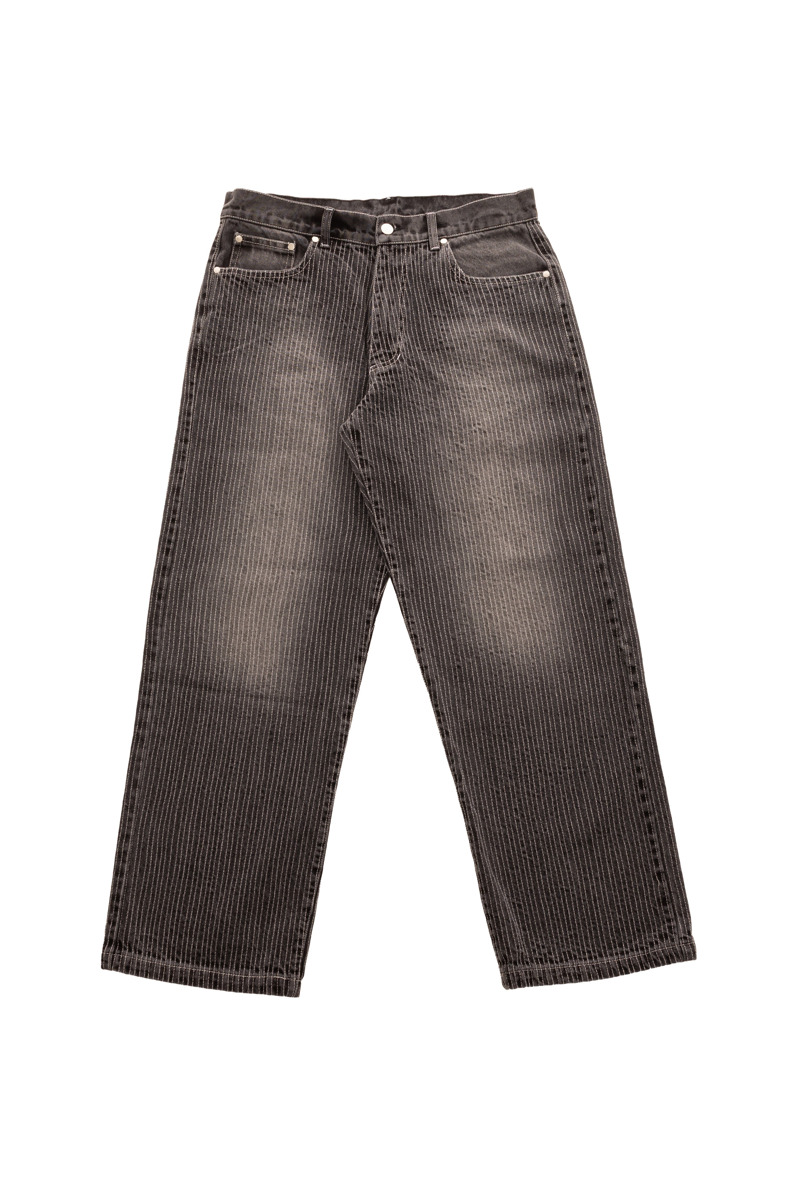 Blugi Axis Denim gri, wide fit, cu tighele verticale albe și fading subtil pe partea frontală.
