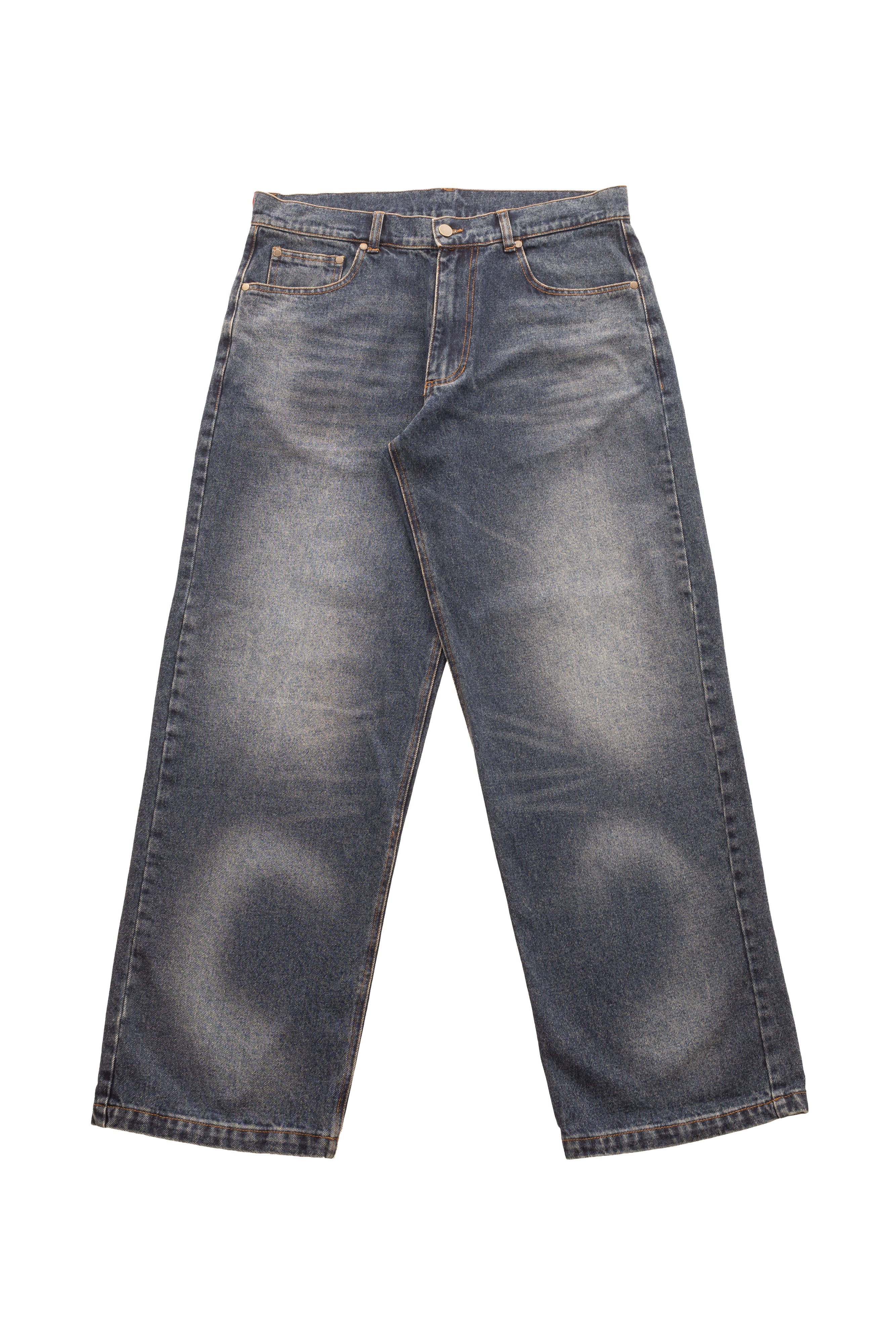 Blugi Classic Denim wide fit, mid-blue, cu stonewash, used wash și mustache fading pe partea frontală.
