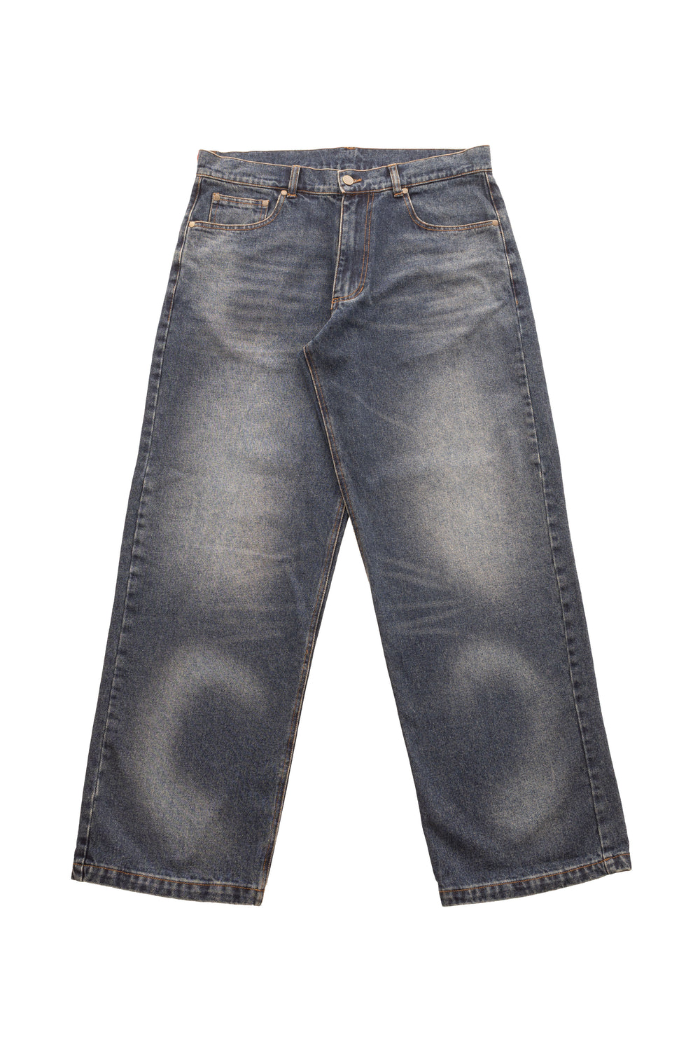 Blugi Classic Denim wide fit, mid-blue, cu stonewash, used wash și mustache fading pe partea frontală.
