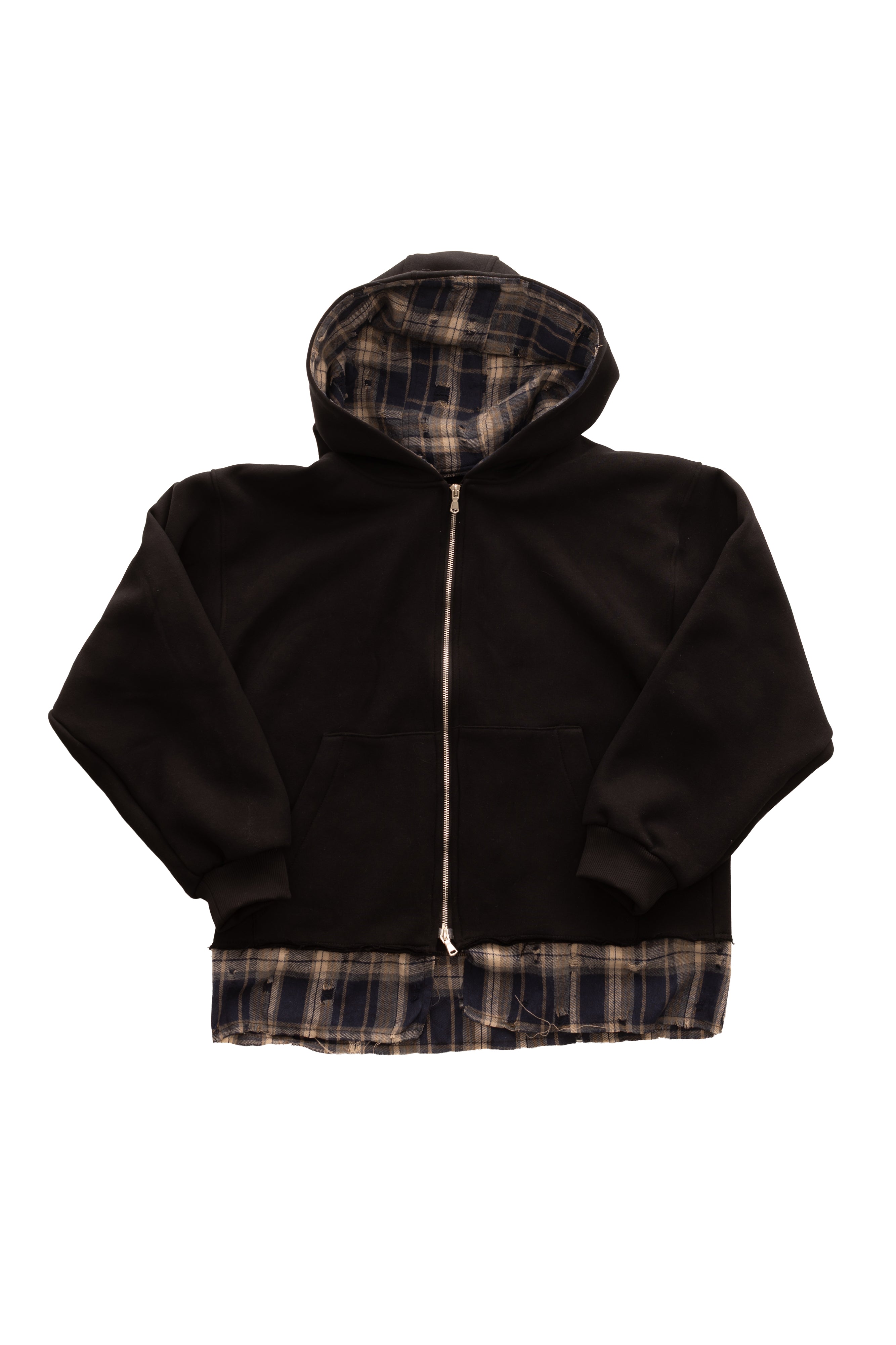 Disorder Zip Up Black Hoodie - hanorac negru cu fermoar, interior flannel distressed, vedere frontala flatlay
