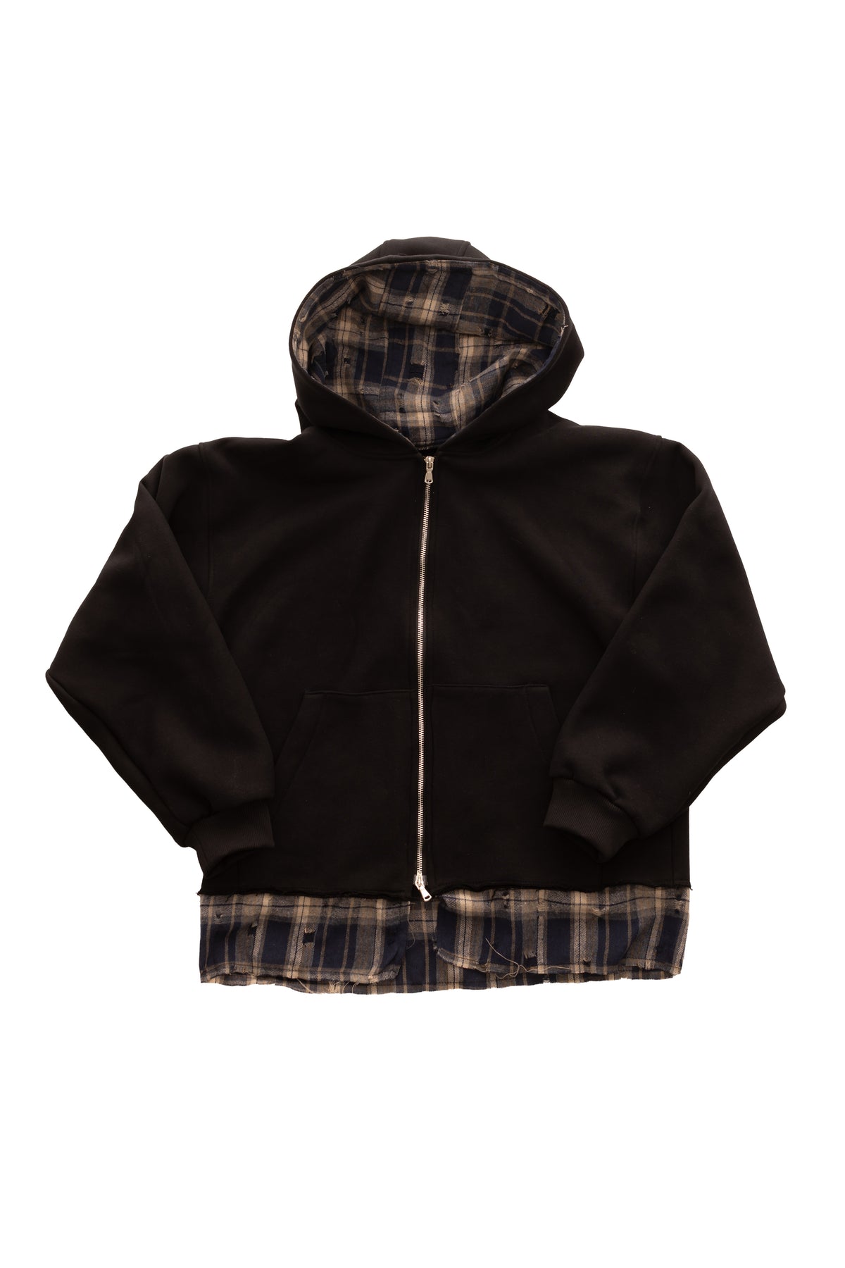 Disorder Zip Up Black Hoodie - hanorac negru cu fermoar, interior flannel distressed, vedere frontala flatlay
