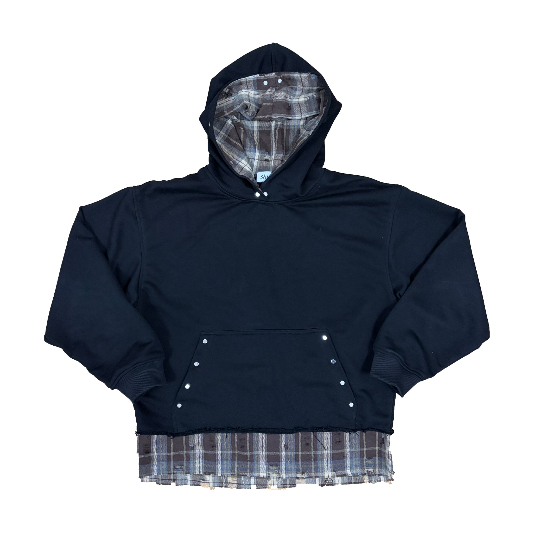 hanorac faultline hoodie negru layered cu insertie camasa vedere front flat bumbac 330gsm