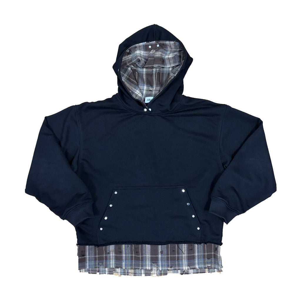 hanorac faultline hoodie negru layered cu insertie camasa vedere front flat bumbac 330gsm