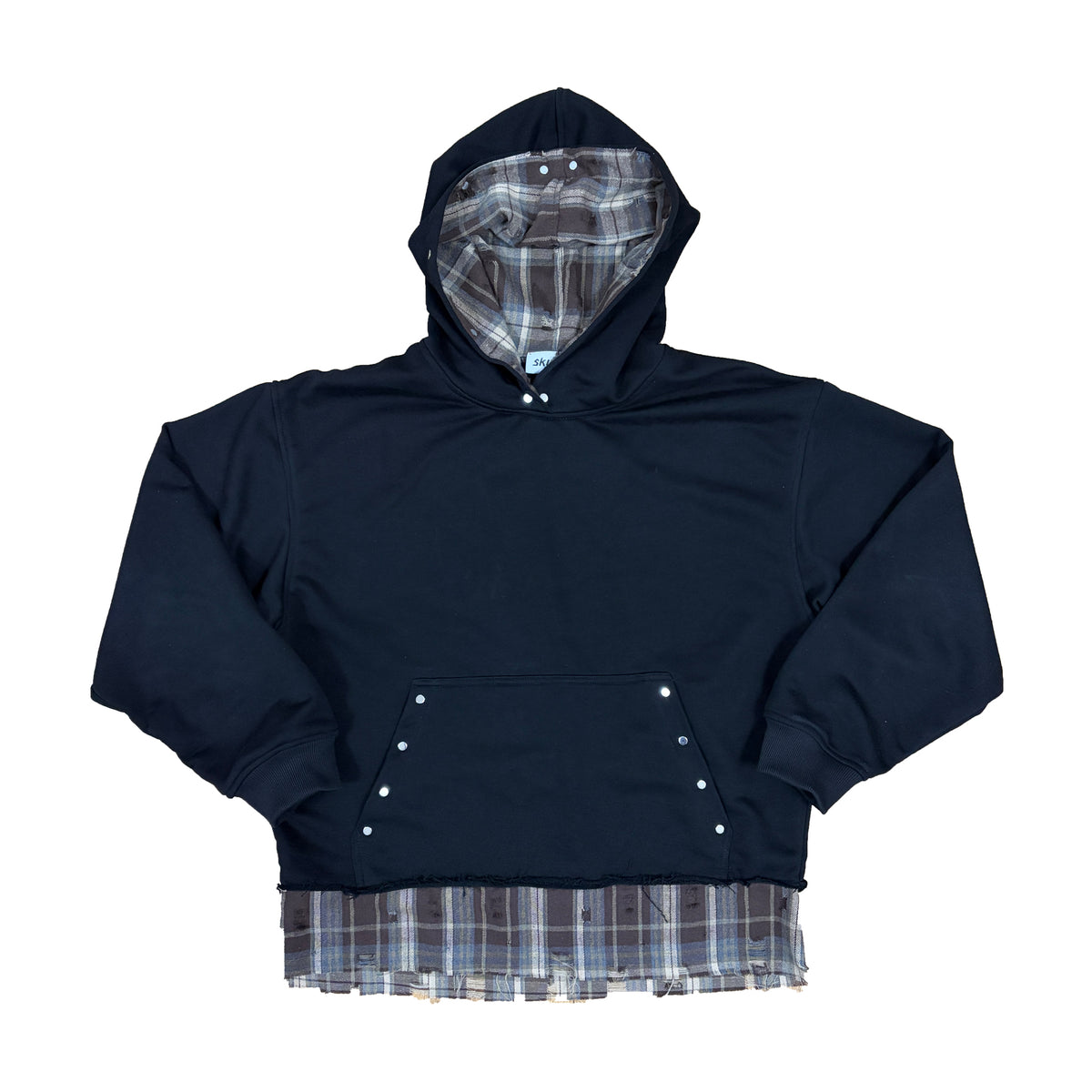 hanorac faultline hoodie negru layered cu insertie camasa vedere front flat bumbac 330gsm
