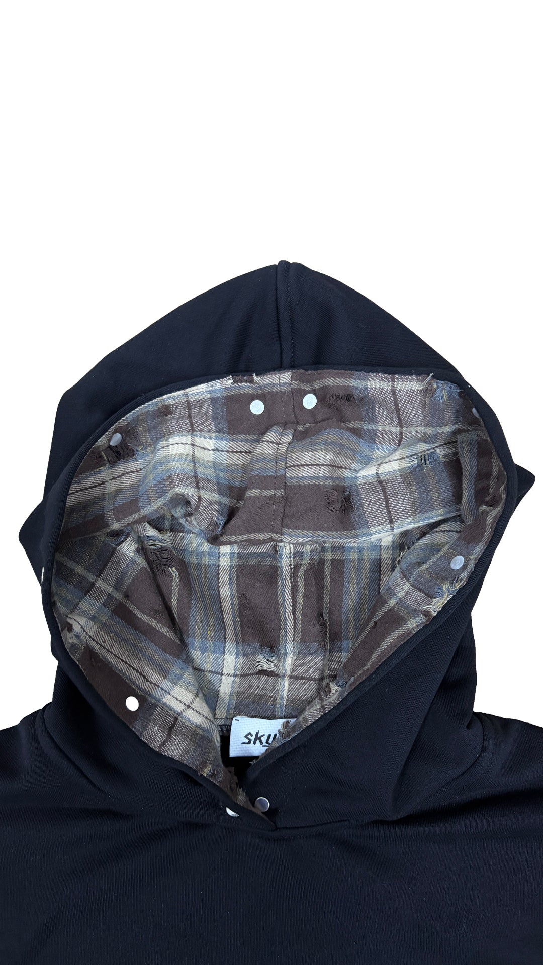 detaliu gluga hanorac faultline hoodie interior plaid distressed bumbac layered