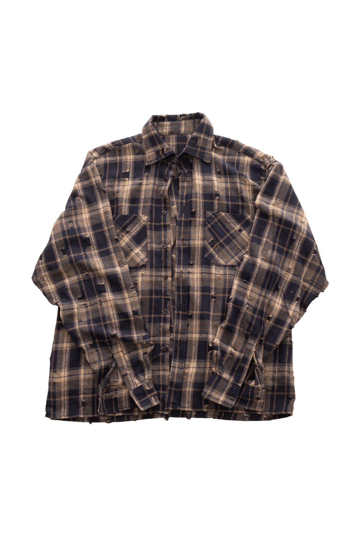 Cămașă oversized ONE SIZE FRACTURE SHIRT, flannel 100% bumbac în carouri bej-negru cu detalii distressed – vedere față.