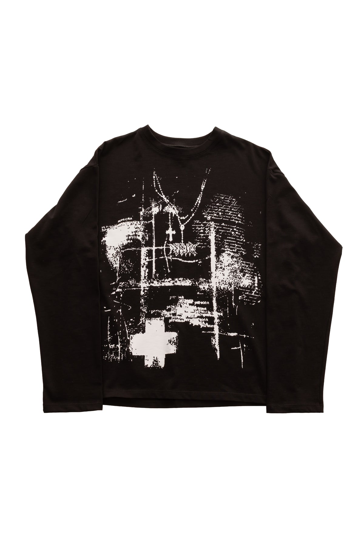 Tricou FRAGMENT BLACK LONG TEE, tricou negru oversized 300 GSM cu print alb texturat pe față – vedere frontală.