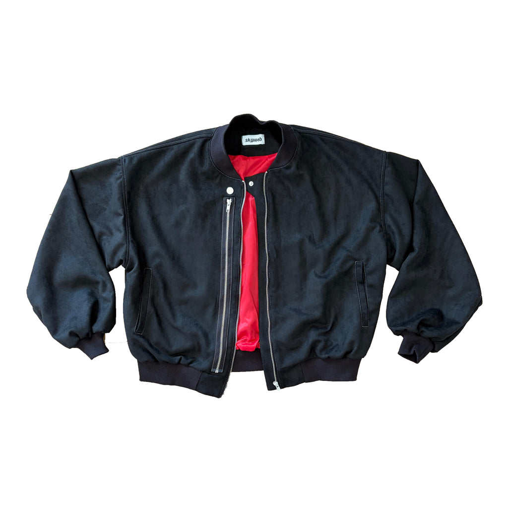 geaca bomber neagra boxy din suede cu interior rosu red core jacket
