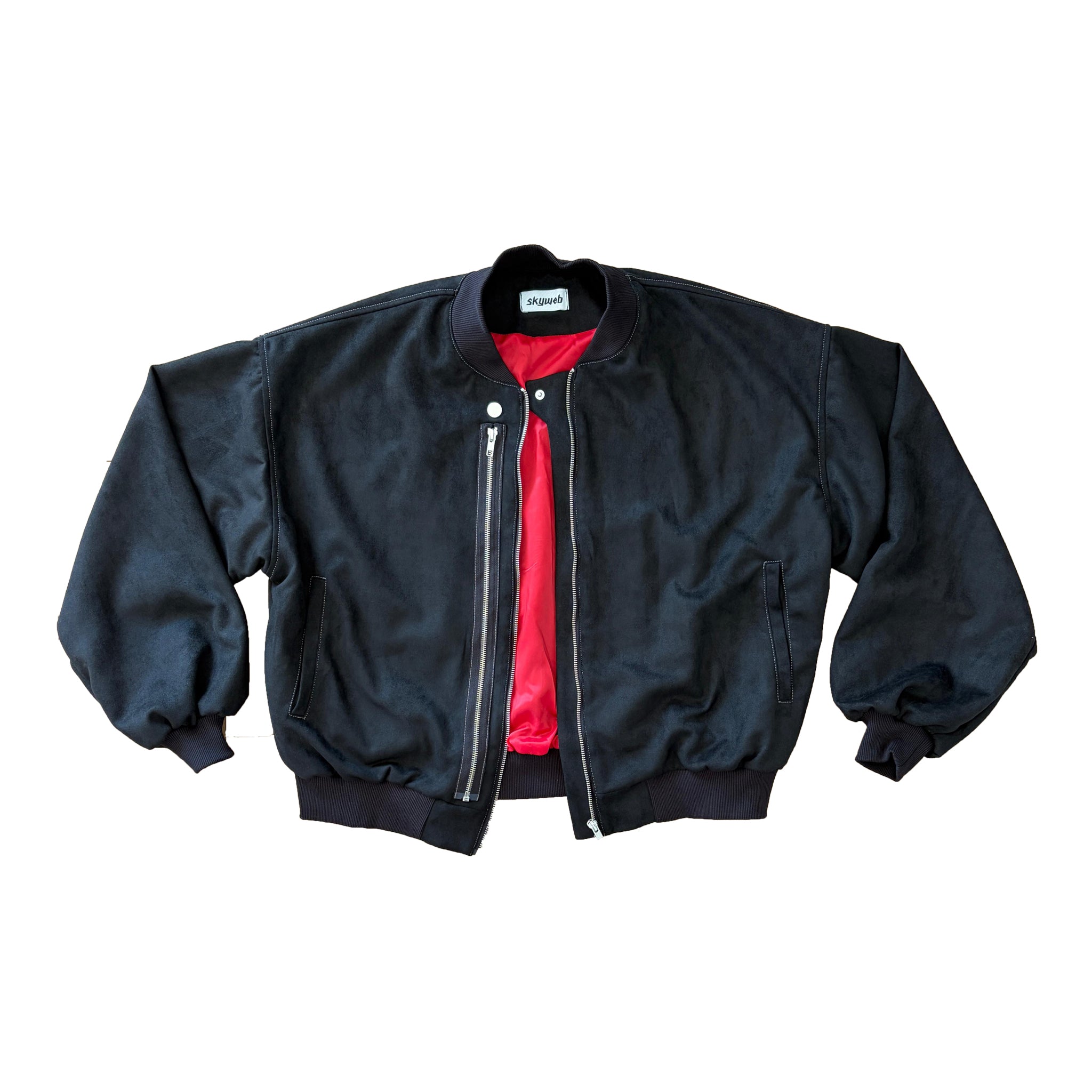geaca bomber neagra boxy din suede cu interior rosu red core jacket

