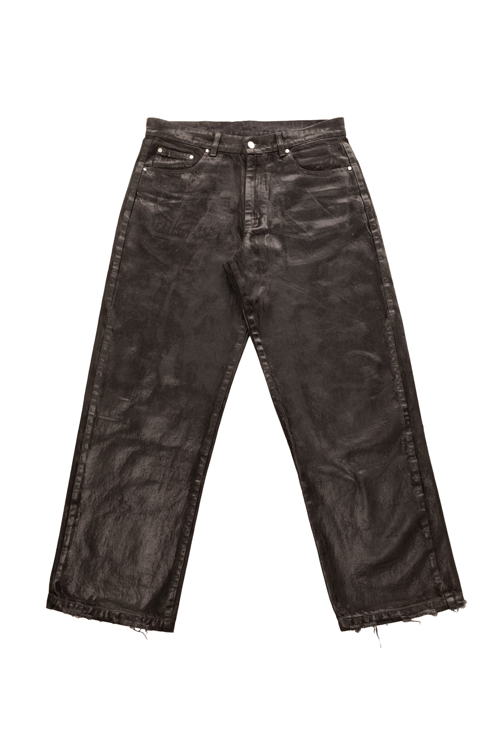 Blugi Midnight Denim negri, relaxed straight fit, cu coating cerat pe bază de silicon și textură lucioasă.