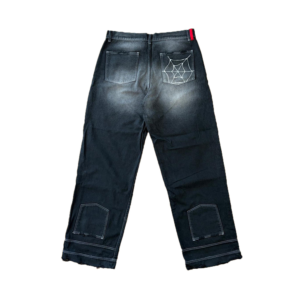 blugi negri denim spate cu detalii si rupturi streetwear wide fit
