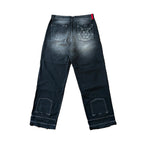 blugi negri denim spate cu detalii si rupturi streetwear wide fit