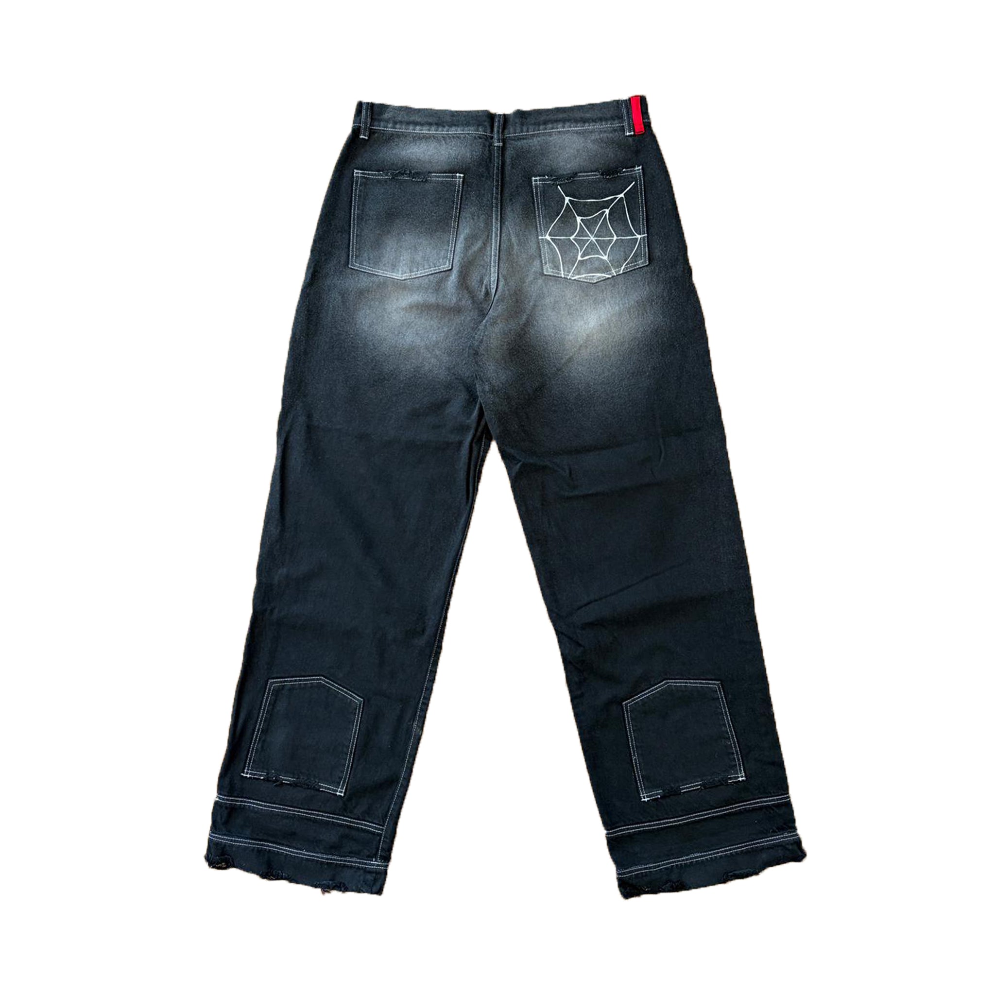 blugi negri denim spate cu detalii si rupturi streetwear wide fit