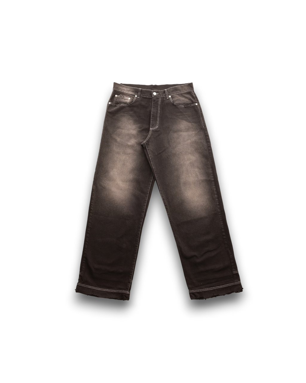 A pair of faded black denim jeans with a washed, distressed finish, shown flat against a white background with a soft drop shadow.