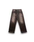 A pair of faded black denim jeans with a washed, distressed finish, shown flat against a white background with a soft drop shadow.