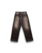 A pair of faded black denim jeans with a washed, distressed finish, shown flat against a white background with a soft drop shadow.